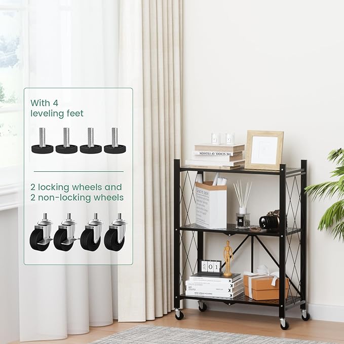 ALANNG 3 Tier Storage Shelves on Wheels, No Assembly Metal Folding Shelf Heavy Duty, Black | Colorful | Rolling | Collapsible | Rack Unit | for Living Room Office | 13.4" D x 28" W x 35.4" H