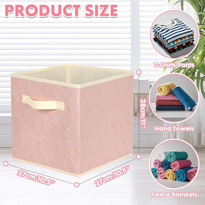 ShellKingdom Storage Bins, Foldable Fabric Storage Cubes with 3D Embossed Rose Pattern, Cloth Organizer Drawer For Closet And Toys, 10.5 X 10.5 X 11 inch, 2 Pack (Light Pink)