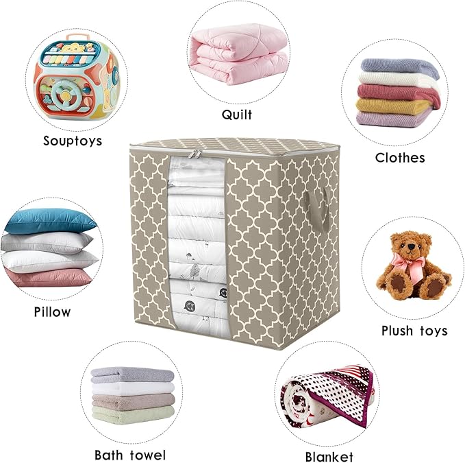 WISELIFE Storage Bags 4 Pack/100L Large Blanket Clothes Organization and Storage Containers for Comforters,Bedding, Foldable Organizer with Reinforced Handle, Clear Window, Sturdy Zippers,Beige