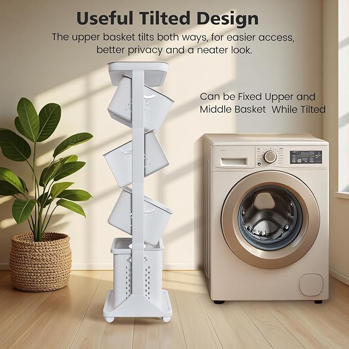 4-Tier Laundry Hamper Sorter, Vertical Rolling Laundry Baskets with Wheels Removable, Stackable Laundry Cart Organizer and Storage for Small Space, Dorm, Closet, Bathroom