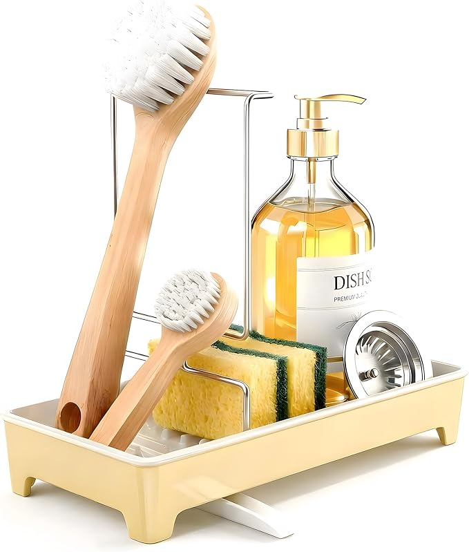 Minimalist Sink Caddy, Rustproof Sponge Holder for Kitchen Sink with 304 Stainless-Steel Brush Holder, Countertop Rack Organizer with Raised Ridges & Silicone Drain Tube (Pastel Yellow)