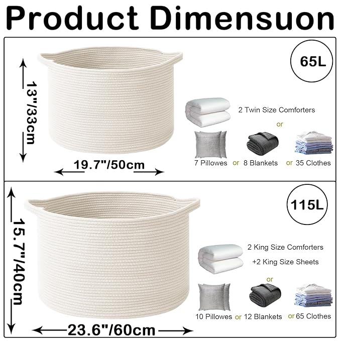 115L Large Blanket Basket,23.6" L x 23.6" W x 15.7" H Rope Woven Baskets with Handles, Toys Storage Bins,Laundry Basket Perfect for Living Room, Nursery,Bedroom,Home Organization,White