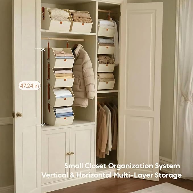 Hanging Closet Organizer 4 Tier - Clothes Hanging Shelves, Space-Saving Closet System, Fabric Storage Bins Bedroom Organization, Collapsible Baskets for Home, Dorm, Rv, Beige, 8 Pack