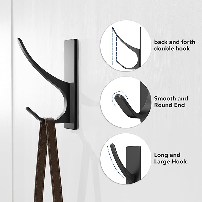 10 Pack Self Adhesive Coat Hooks for Hanging: Heavy Duty Stainless Wall Hook for Towel, Utensil, Backpack, Hat, Sturdy Metal Hanger for Bathroom, Kitchen, Door, Matt Black