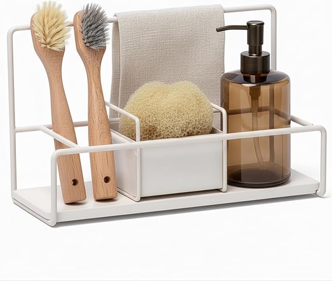 Kitchen Sponge Holder with Drying Stone – Warm Grey Powder Coated Metal Sink Caddy – Minimal Scandinavian Design Sponge Rack for Kitchen Sink Organization & Elegant Countertop Storage