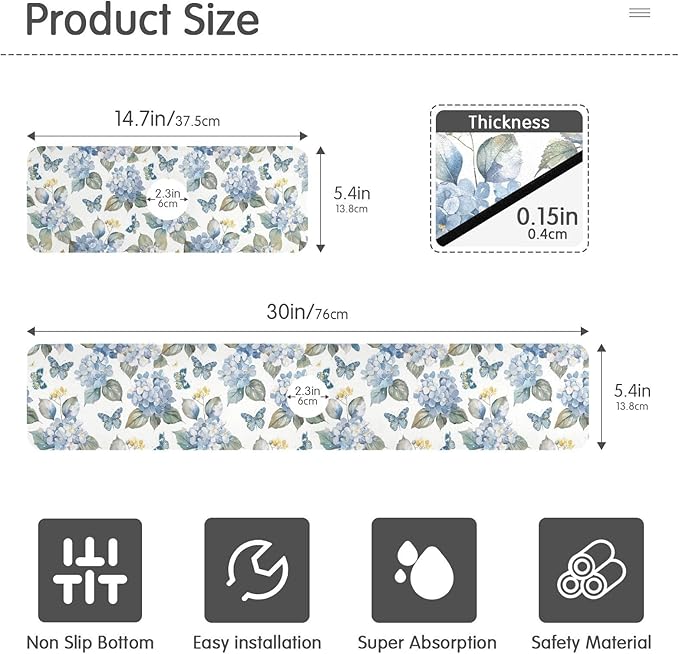 Blue Hydrangea Butterfly Herb Kitchen Sink Splash Guard Sink Faucet Mat Faucet Handle Drip Catcher Drain Mats for Kitchen Bathroom Countertop Absorbent Dish Drying Pad 2Pack