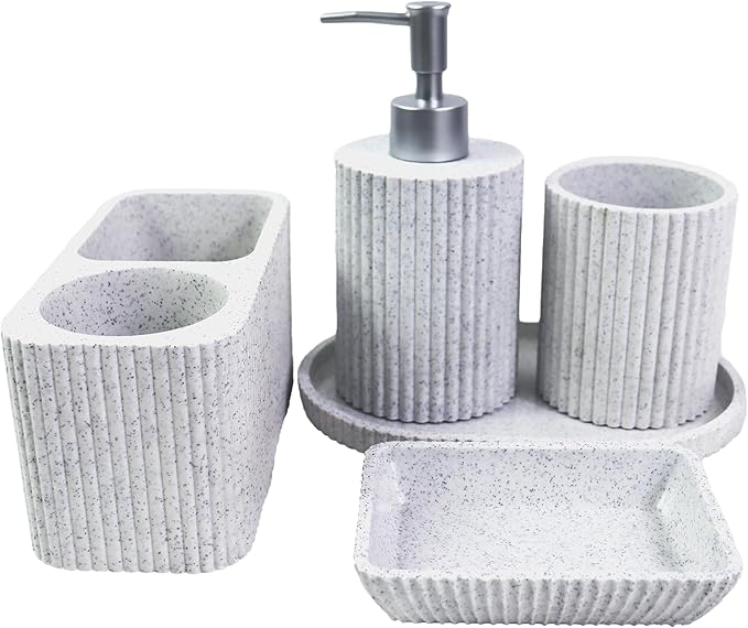 Hymmah Marble Pattern Bathroom Accessories Set, Toothbrush Holdr Set, 5 Pieces Resin Bathroom Set with Toothbrush Holder, Soap Dispenser, Soap Dish,Tumbler (Gray Granite)