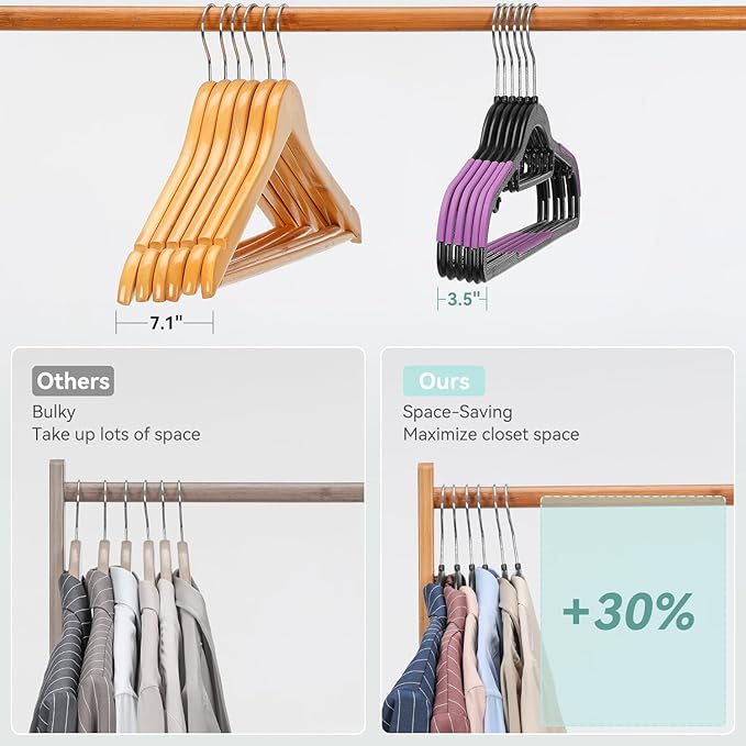 Tonswachic Pack of 50 Coat Hangers, Space-Saving Plastic Clothes Hangers, Non-Slip, 0.2 Inches Slim, 360° Swivel Silver Hook for Shirts, Pants, Suit & Wet/Dry Garments, Purple and Black