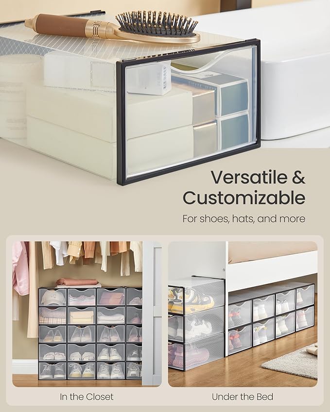 SONGMICS Shoe Boxes, Shoe Storage Organizers Rack for Closet, Plastic Stackable Sneaker Containers Case, 18 Pack, Transparent and Ink Black ULSP318B01
