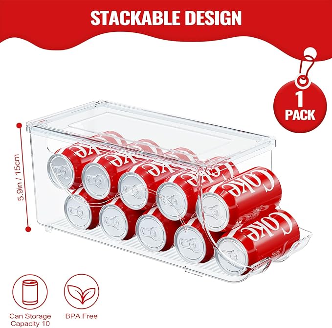 Stackable Refrigerator Organizer, Soda Can Dispenser Pop Cans Container Beverage Holder with Lid for Fridge, Freezer, Kitchen, Clear Plastic Storage Bins-Holds 10 Cans Each (One)