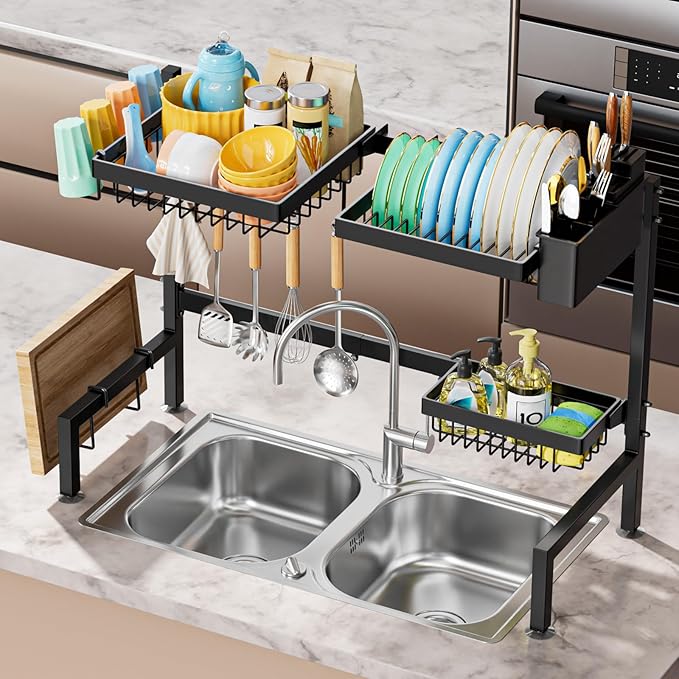 YKLSLH Over The Sink Dish Drying Rack 2 Tiers, for All Sinks (26.57"-35"),Expandable Large Capacity Sink Rack, Metal Drying Rack for Kitchen and Family Use