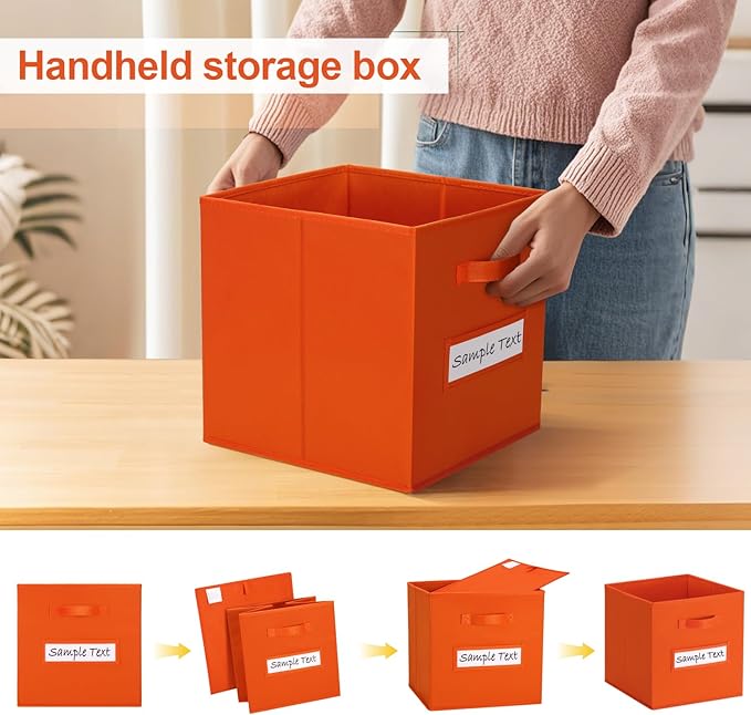 artsdi 13x13 storage cube bins (Set of 10) Foldable Fabric storage cubes with 10 Labels Window Cards & a Pen,13 inch cube storage bins,Closet Organizers for Shelves,Cubby Organizer Boxes,Orange