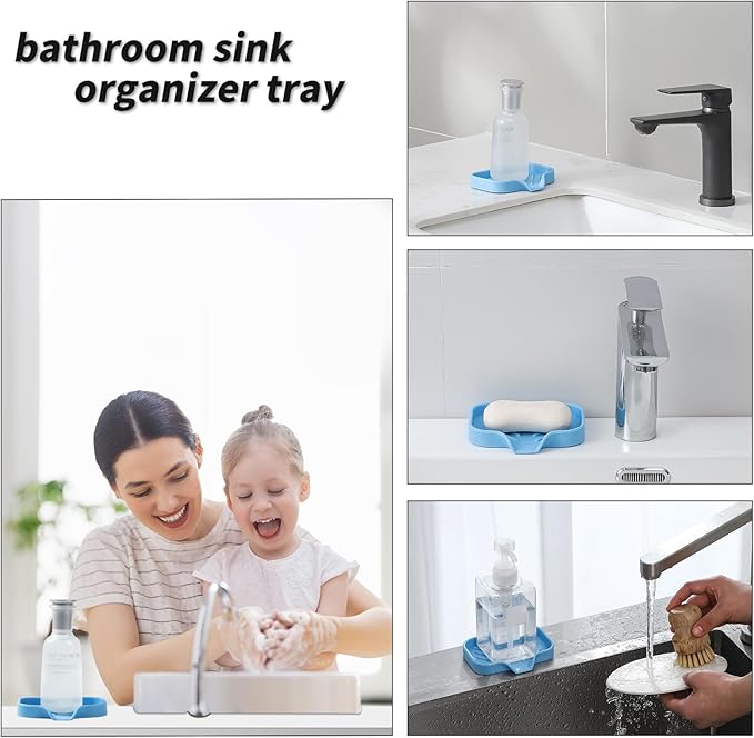 MicoYang Silicone Bathroom Soap Dishes with Drain Spout-Bathroom and Kitchen Sink Organizer,Sponge Holder,Dish Soap Tray,Perfect for Dispenser,Scrubber,Bottle on Sink or Counter-Light Blue 4.9"×3.2"