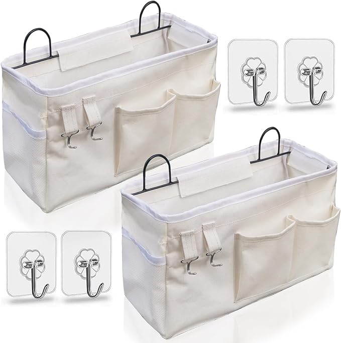 Kanrichu 2pcs Large Wall Hanging Organizer Bag, Linen Fabric Door Hanging Storage Baskets with Pockets, Waterproof Bin for Kitchen, Bedroom, Office, RV Camper (White)