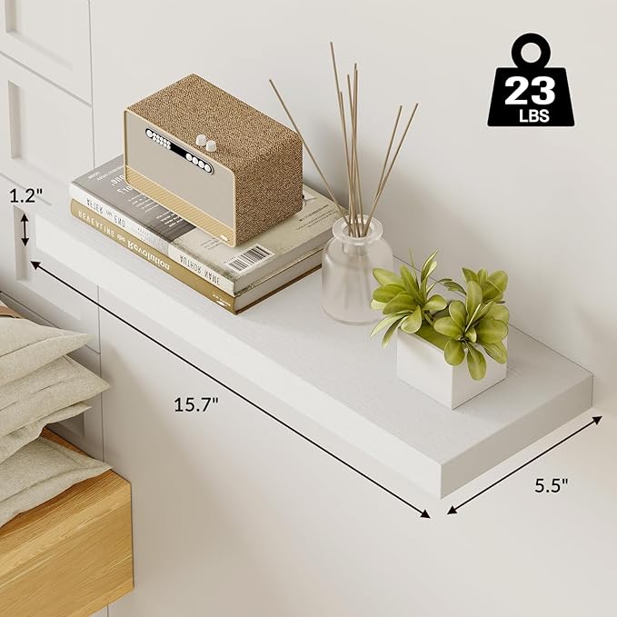 Fixwal 15.8in White Floating Shelves, Set of 6 Wood Shelves, Farmhouse Shelf Wall Decor for Bathroom, Bedroom, Living and Kitchen Room