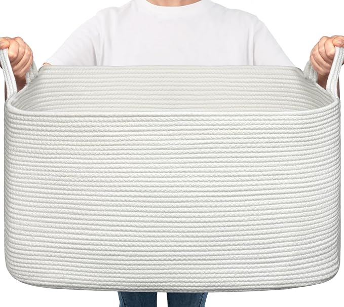 Goodpick Large Blanket Basket Living Room, Storage Baskets for Organizing, Woven Rope Laundry Basket for Toy Storage, 21.6" x 14.9" x 11.8", White