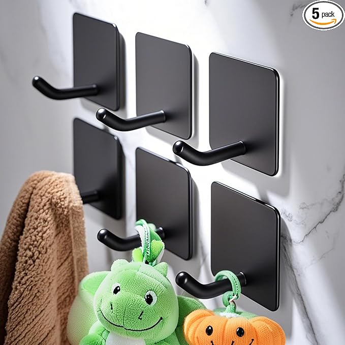 DELITON 6 Pack Towel Hooks for Hanging, Adhesive Hooks Stick on Wall for Bathroom Kitchen Heavy Duty Stainless Steel, Black