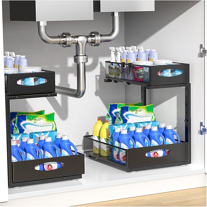 Housolution 2 Pack Large Under Sink Organizer, 2 Tier Metal Pull Out Under Sink Storage with Sliding Mesh Drawers, Height Adjustable Slide Out Under Cabinet Organizer for Kitchen Bathroom, Black