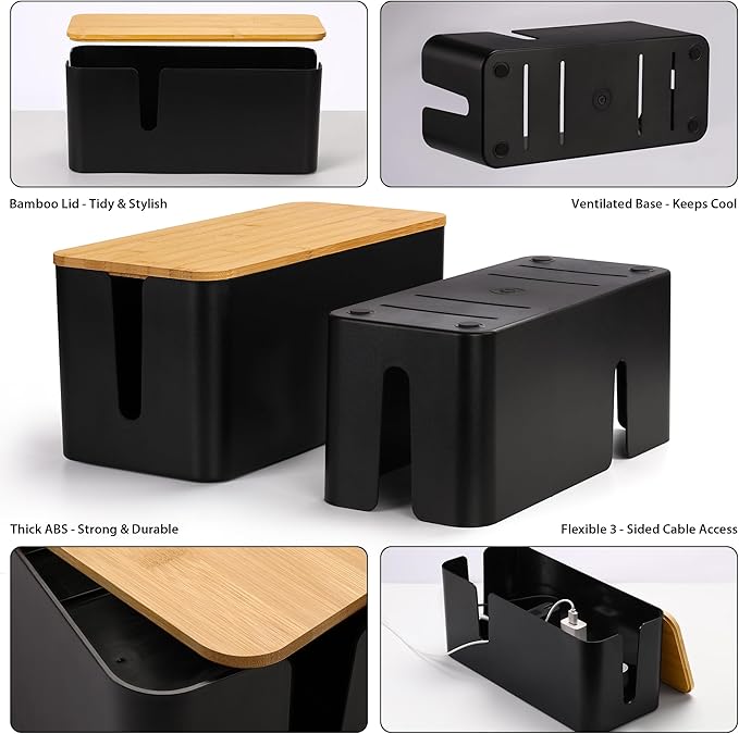 ZhiYo Bamboo Lid Cord Organizer Box, Safe ABS Cable Management Box for TV and Computer, Wood Cover Cord Hider to Hide Wires, Router, USB Hub & Under Desk Power Strip, 1 Pack L13.1 xW5.6 xH5.6 Black