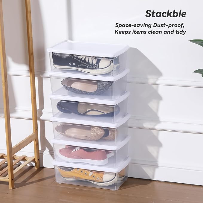 Party Club of America 6 Quart Latching Storage Box,Plastic Clear Storage Bins With Lids Stackable 12 Packs Storage Containers Plastic Shoe Boxes With Lids (Whtie, 12 Pack)
