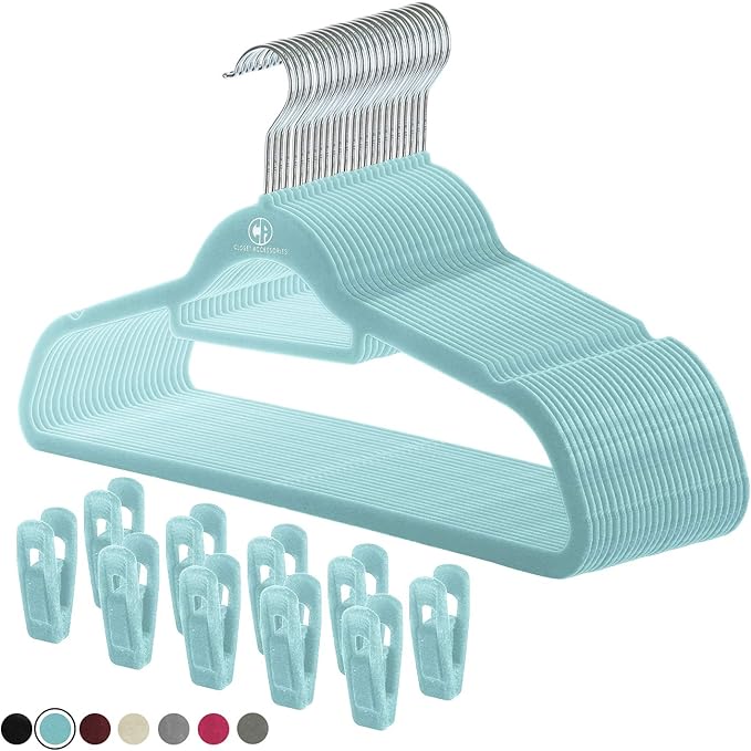 Velvet Hangers, Non-Slip Ultra Slim Space Saving Hanger, with notches, tie bar, and Swivel Hooks, 30 Pack, with Bonus 20 Matching Velvet Finger Clips. Blue (Aqua)