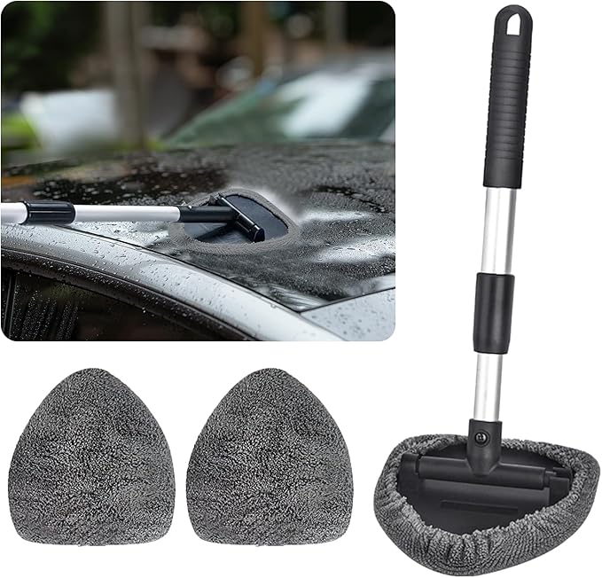Ziciner Car Windshield Cleaner, Microfiber Auto Cleaning Wiper with Aluminum Extendable Handle and 2 Washable Reusable Cloth Pad Head, Universal Vehicle Interior Exterior Cleaner Kit (Gray-Triangle)