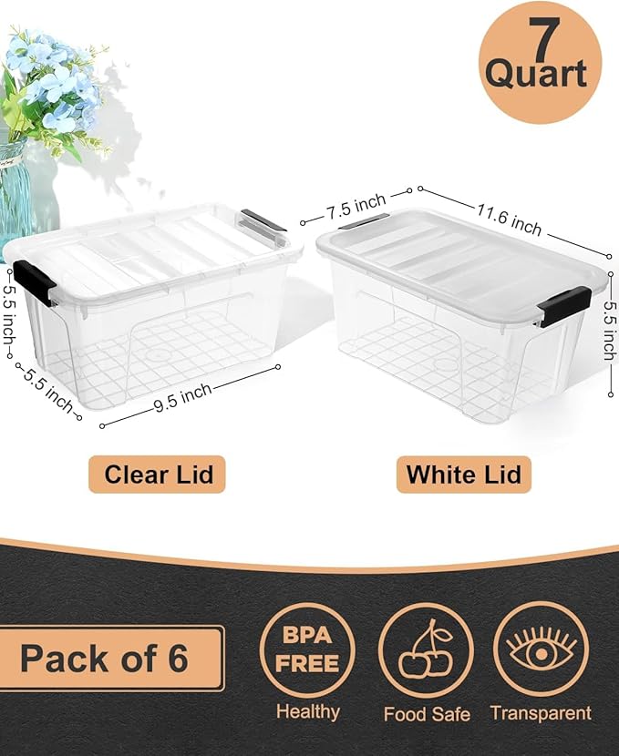 Plastic Storage Bins with Lids 6 Pack, 7 Quart Storage Containers with Black Buckle Latch, Stackable Storage Containers for Home Pantry Office Classroom Organization,