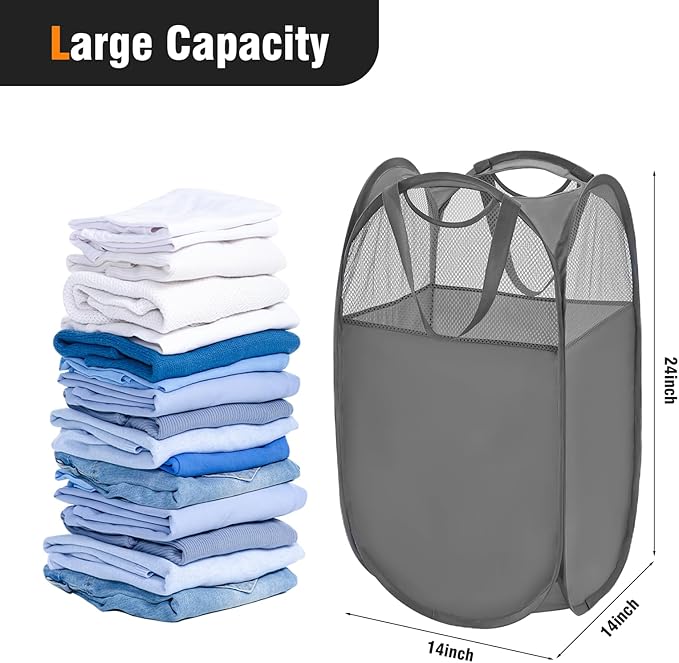 TECHMILLY Pop Up Foldable Laundry Basket, Mesh Laundry Hamper with Reinforced Handles for Dirty Clothes Storage in Dorm, Laundry Room, Bathroom, Grey(Fabric), 3 Pack