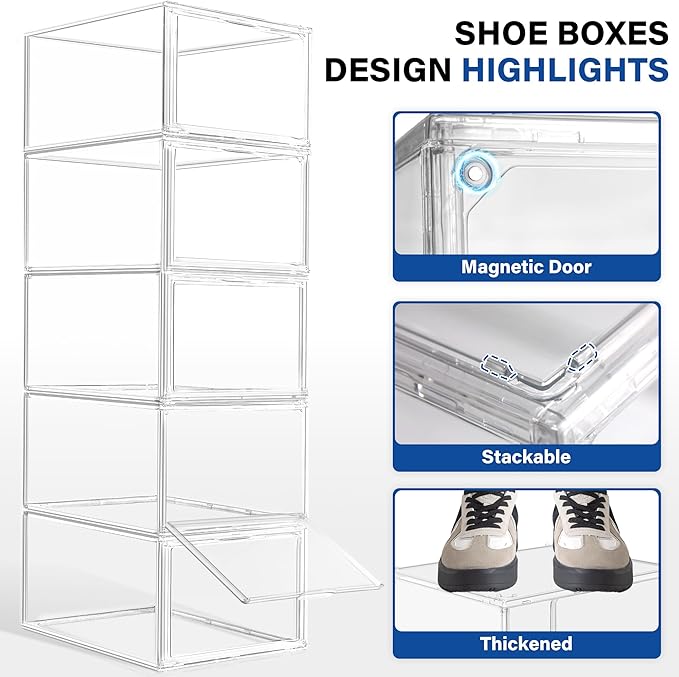 12 Pack Drop Front Shoe Boxes Acrylic Box Sneaker Case Size 12, Transparent Display Cases for Sneaker Collections, Baseball Caps, Hat Organizer Dust-free Shoe Cubbies Stackable Sneaker Boxes