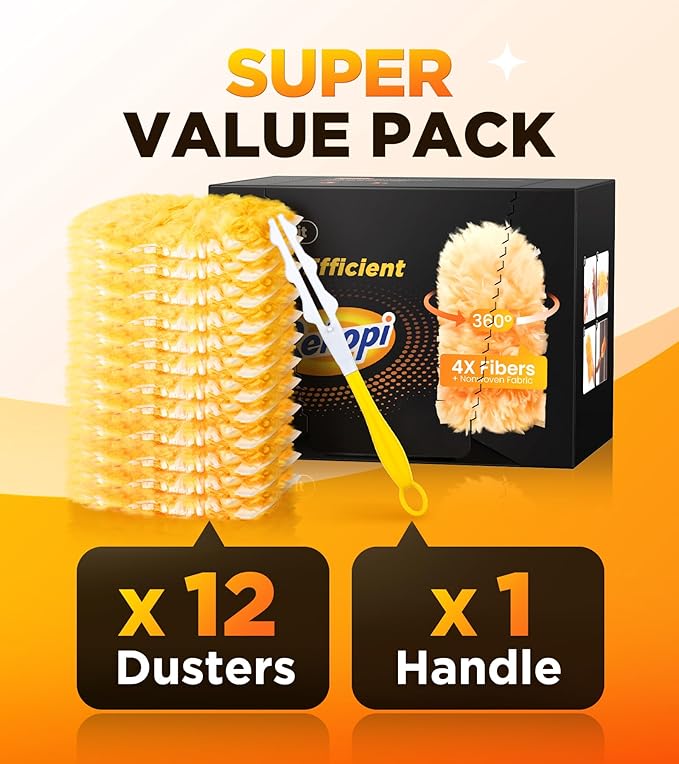 Heavy Duty Duster Refills for Swiffer Duster, 12 Count Duster Refills with 1 Handle, Multisurface 360° Dusters with 4X Microfibers, Unscented Disposable Dusters for Cleaning