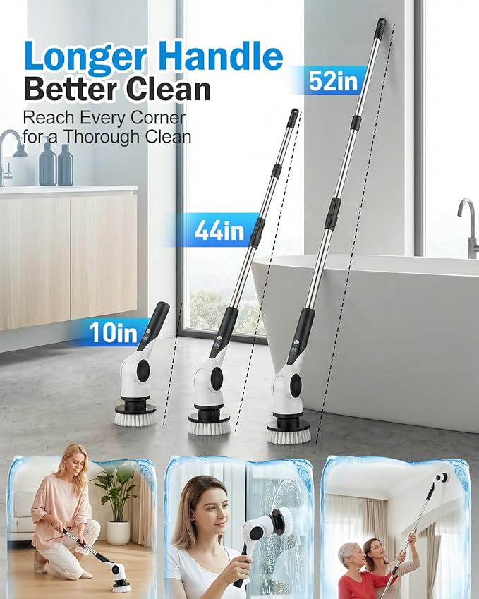 Electric Spin Scrubber, 3-Speed Cordless Shower Scrubber with Long Handle & 10 Replaceable Brush Heads, 90 Mins Runtime & Full-Body IPX7 Waterproof Shower Cleaner Brush for Bathroom Kithchen