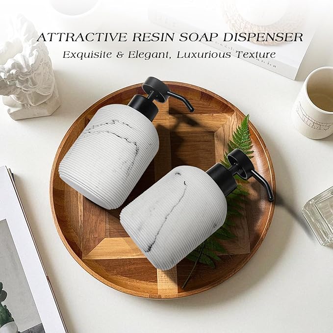 Marble Hand Soap Dispenser for Bathroom, 12 Fl Oz Soap and Lotion Dispenser Set, 2 Pack White Resin Dish Soap Dispensers for Kitchen, Refillable Liquid Bottle Container with Plastic Pump