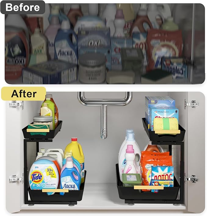 Under Sink Organizer,2 Tier Pull Out Adjustable Height Under Cabinet Storage,Under Sink Storage for Kitchen Bathroom Cabinet(1 Pack)