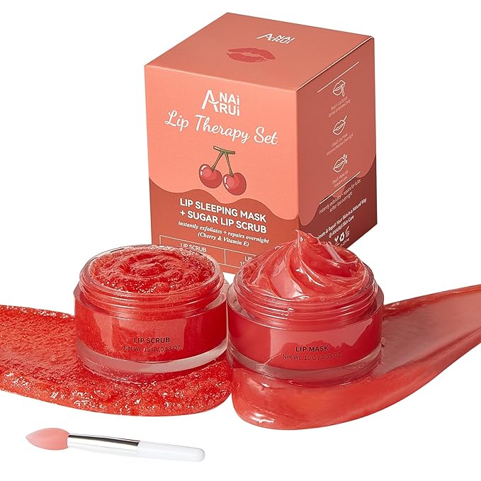 ANAI RUI Cherry Lip Scrub & Lip Mask Set, Vitamin E, Lip Scrub For Women, Lip Scrubber Exfoliator, Hydrating Lip Mask Overnight, Sugar Scrub for Dry Chapped Lips, Lip Care Set for Women