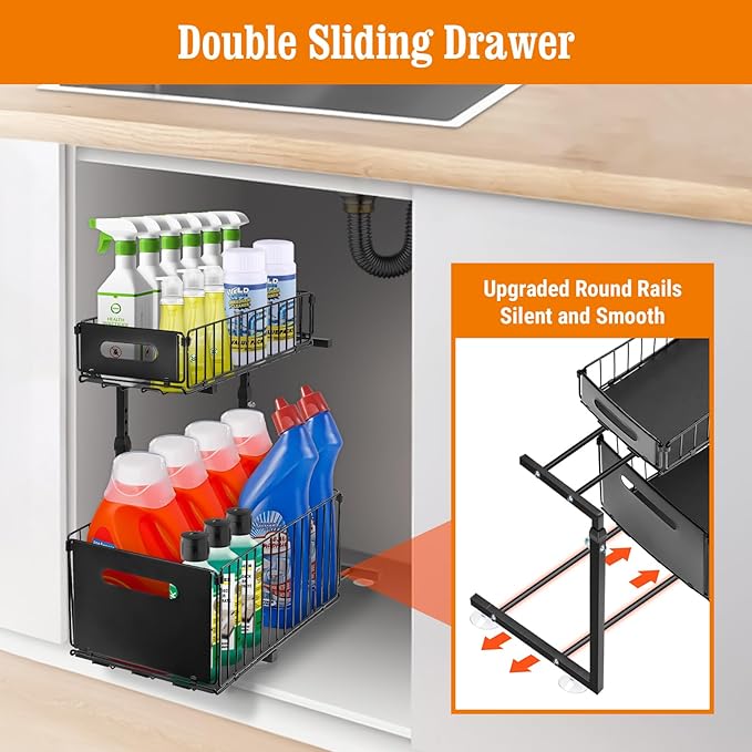 Under Sink Organizers and Storage, 2-Tier Pull Out Cabinet Organizer, Slide Sink Steel Shelf Cabinet Storage Shelves, Height Adjustable Under Sink Storage for Kitchen Bathroom, 2 Pack