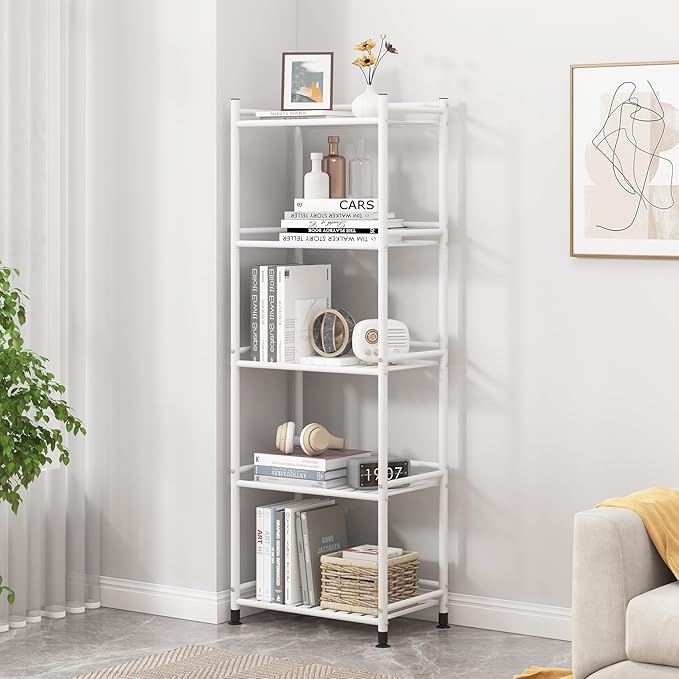 5 Tier Bathroom Storage Open Shelf Unit, Free-Standing Metal Corner Rack Shelving for Kitchen, Living Room, Hallway (White, Wider 5 Tier)