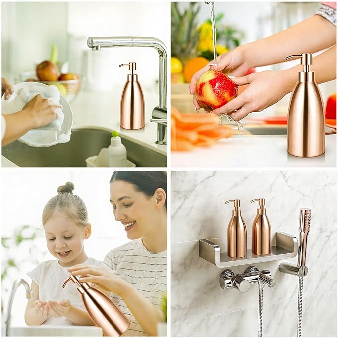304 Stainless Steel Soap Dispenser 16oz Rust-Proof Liquid Soap Pump Bottle for Kitchen or Bathroom Countertop Hand Dish Lotion Leak-Proof (Rose Gold)