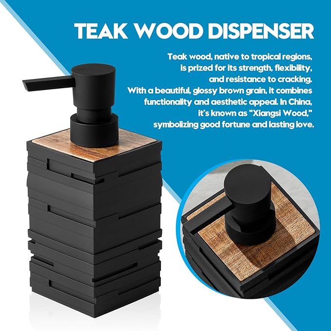 Matte Black Teak Wood Hand Soap Dispenser 10 oz Square for Bathroom and Kitchen Countertops