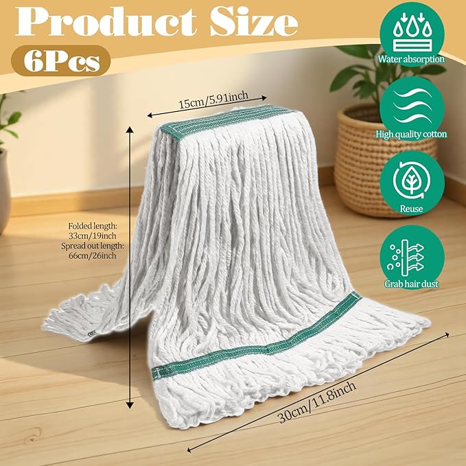 20oz Commercial Mop Head Replacement, 6 Pack Heavy Duty Industrial Cotton Loop-End String Wet Mop Head Refills for Home Garage Office Kitchen Industrial Floor Cleaning (White, Green)