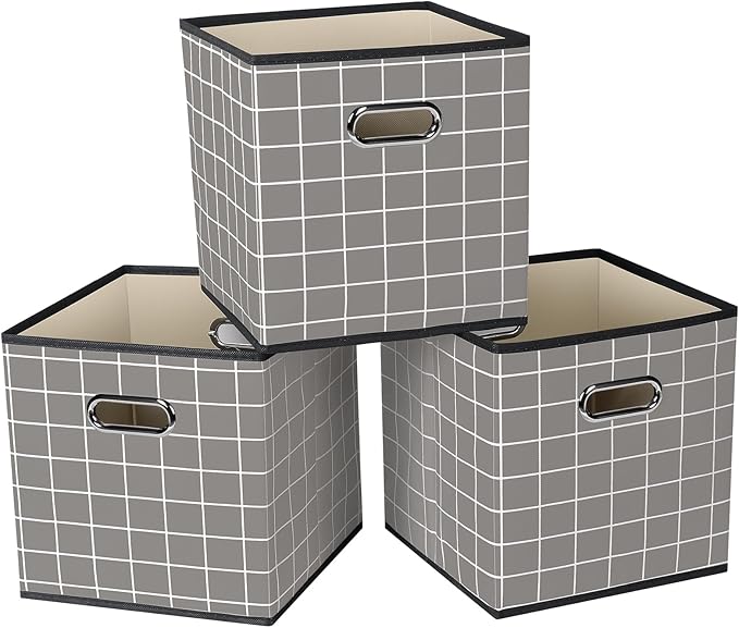 STOREONE Fabric Storage Bins Cubes Baskets Containers-(11X11X11) with Dual Handles for Shelf Closet, Nursery Home ， Bedroom Organizers, Foldable Set of 3 (Grey grid)