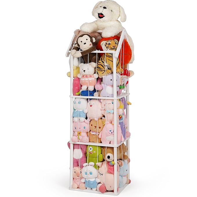 Stuffed Animal Storage, Space Saving Vertical Stuffed Animal Holder Wood, Easy Assembly Cottage-Style Plush Toys Organizer for Kids Bedroom & Playroom (White, Large)