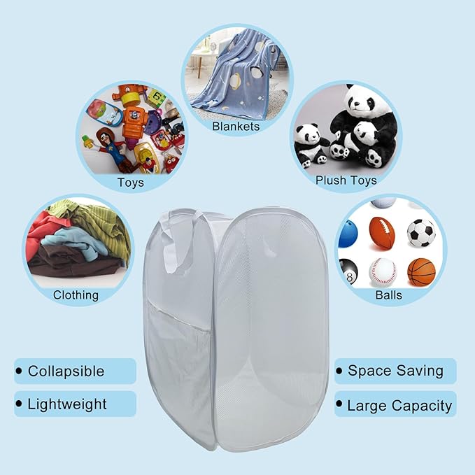 Pop Up Laundry Hamper, Reinforced Mesh Laundry Basket with Handles, Collapsible Clother Hamper with Side Pocket for Home, College Dorm, Travel - White Vertical Storage Basket