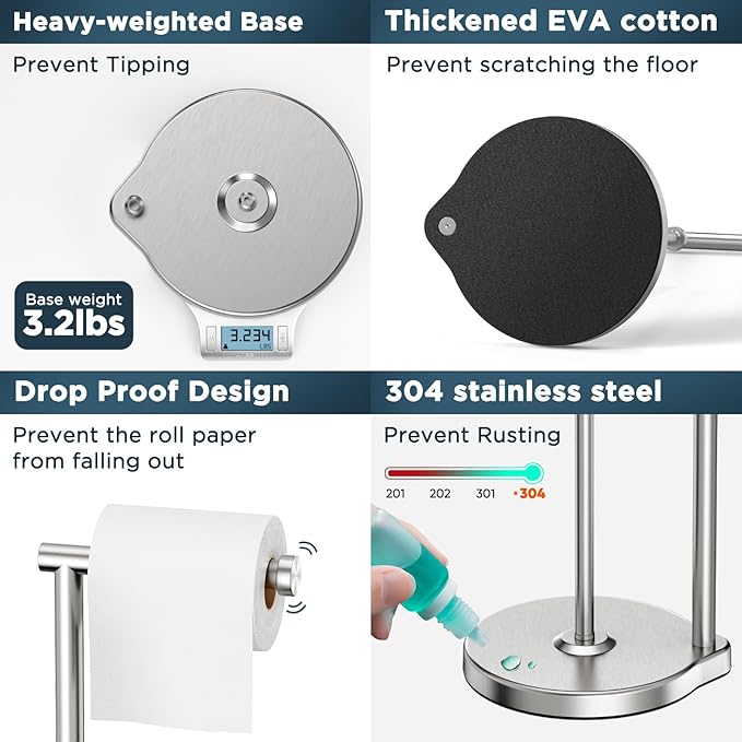 theaoo Heavy-Duty Toilet Paper Holder Stand – Modern Freestanding Bathroom Toilet Tissue Paper Roll Holder with Reserve & Storage, Stainless Steel (Silver, Free Standing)