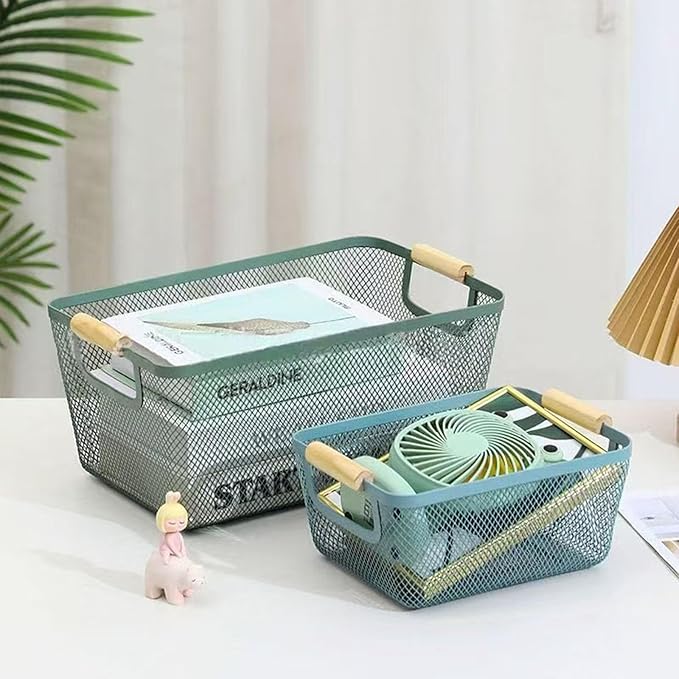 Metal Mesh Steel Basket, Medium Wire Storage Organizer Basket Multi-function Hanging Kitchen Basket with Wood Handle for Kitchen Bathroom Picnic Home, Rectangle-Blue