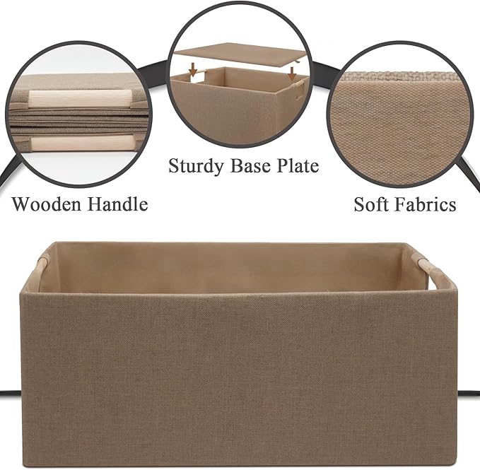 Foldable Fabric Storage Cubes, 2 Packs Cloth Storage Baskets with Wooden Handles, Collapsible Shelf Closet Organizer Bins, Rectangular Storage Boxes for Decor (Coffee Color)