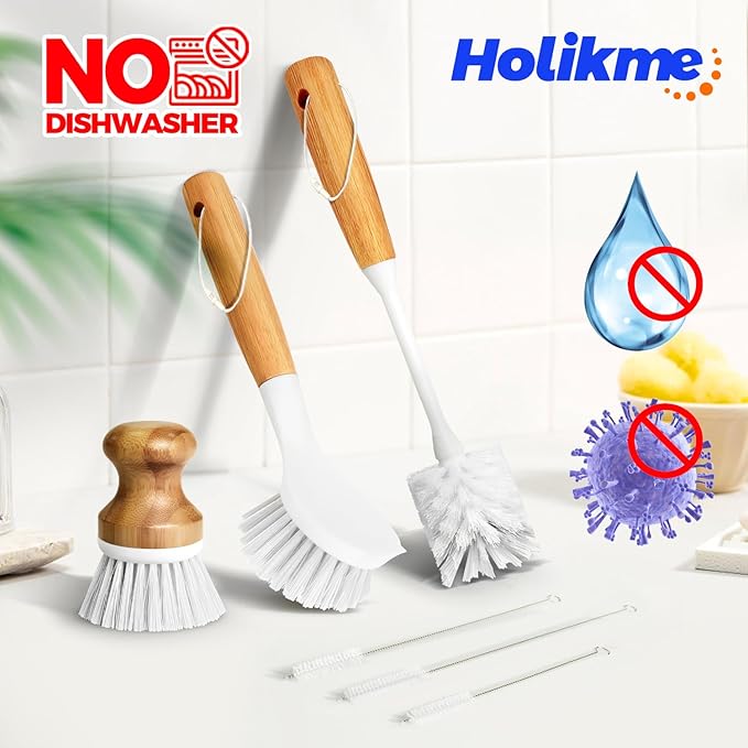Holikme 6 Pack Dish Brush Scouring Pad Set with Bottle Brush, Dish Brush, Palm Scrub Brush and Straw Brush, Dish Scrubber Long Handle for Dish Bottle Cup Skillet Wok Pot Pan Cast Iron, White