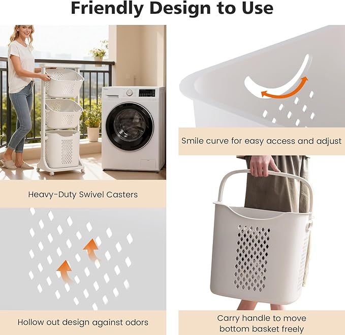 Rolling Laundry Hamper Cart with Wheels, 3 Tier White Laundry Baskets, Clothes Hamper with Portable Storage Baskets for Kitchens, Bathrooms, Bedrooms, Classrooms, Laundry Rooms(75L)