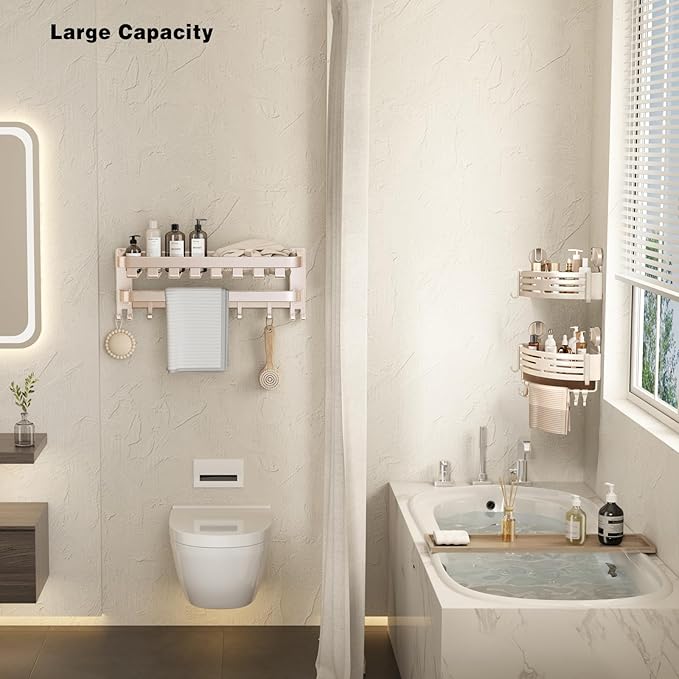 VOLPONE Corner Shower Caddy Suction Cup Shower Shelf Corner No Drilling Bathroom Shower Organizer Storage Rack Adhesive with Towel Bar Hooks(2-Pack, Ivory)