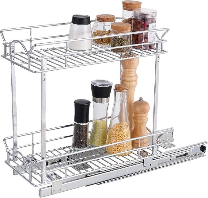 OCG Slide Out Cabinet Organizer for Narrow Cabinet (9" W X 17" D), 2 Tier Pull Out Shelves Slim Sliding Cabinet Organizer and Storage, Chrome
