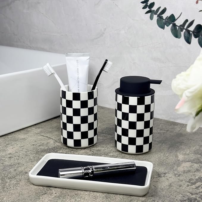 Bathroom Toothbrush Holder Set, Ceramic Soap Dispenser and Tooth Brush Holder Set, Modern Bathroom Accessories Sets Countertop, Black and White Checkered Bathroom Decor Set